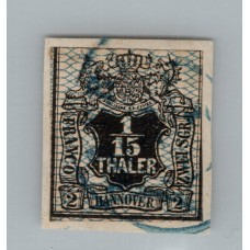 ALEMANIA 1856 ESTADO DE HANOVER Yv 12 ESTAMPILLA EN FRAGMENTO CON MATASELLO AZUL 100 EUROS